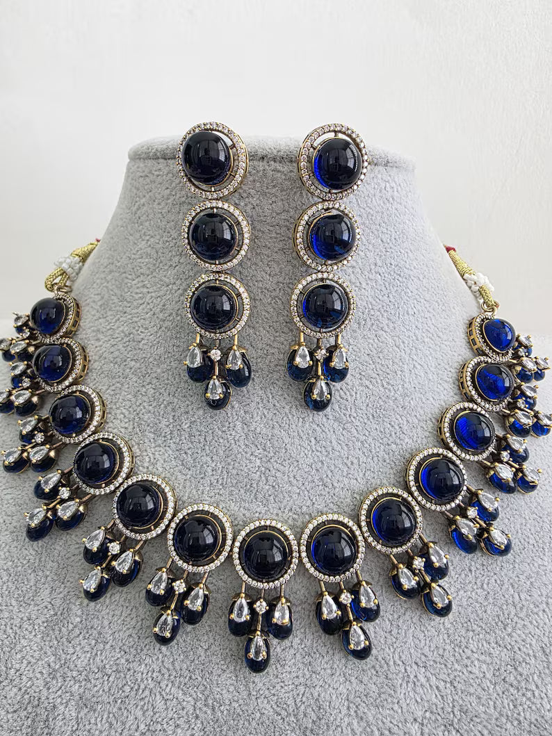 Blue Monalissa Stone CZ stone Victorian necklace, Indian Pakistani wedding jewelry, bridal jewelry, Kundan necklace, Designer necklace