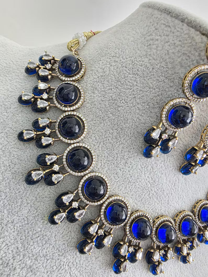 Blue Monalissa Stone CZ stone Victorian necklace, Indian Pakistani wedding jewelry, bridal jewelry, Kundan necklace, Designer necklace