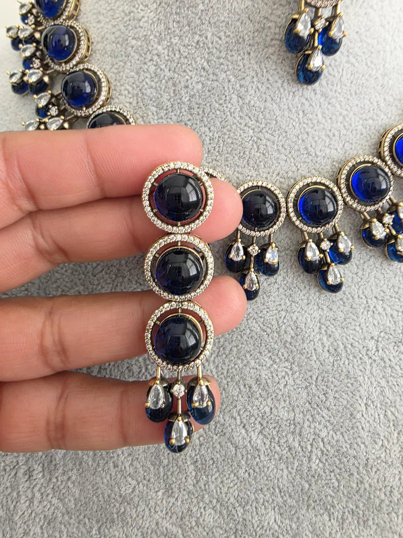 Blue Monalissa Stone CZ stone Victorian necklace, Indian Pakistani wedding jewelry, bridal jewelry, Kundan necklace, Designer necklace