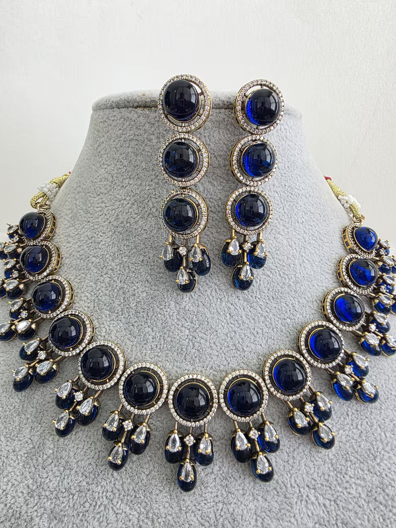 Blue Monalissa Stone CZ stone Victorian necklace, Indian Pakistani wedding jewelry, bridal jewelry, Kundan necklace, Designer necklace