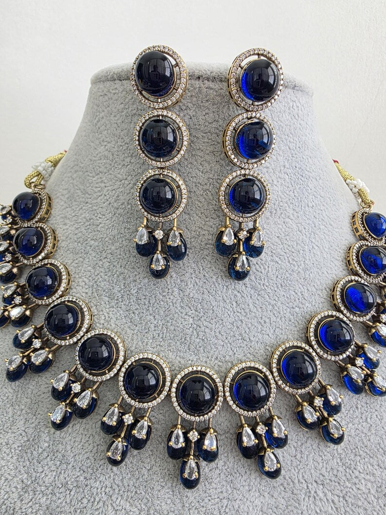 Blue Monalissa Stone CZ stone Victorian necklace, Indian Pakistani wedding jewelry, bridal jewelry, Kundan necklace, Designer necklace