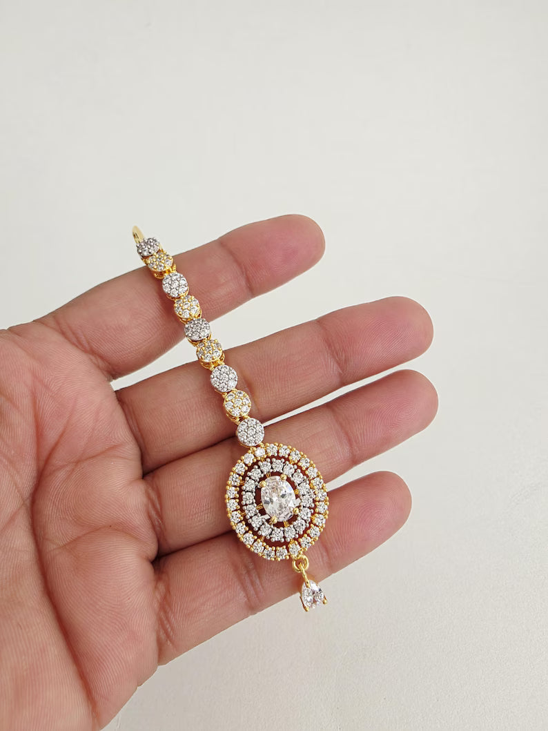 American Diamond 2-Tone Gold Maang tikka/Indian Wedding Jewelry/ Pakistani Jewelry/ Jhoomer/ Matha patti/ Indian forehead jewelry