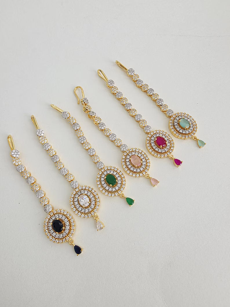 American Diamond 2-Tone Gold Maang tikka/Indian Wedding Jewelry/ Pakistani Jewelry/ Jhoomer/ Matha patti/ Indian forehead jewelry