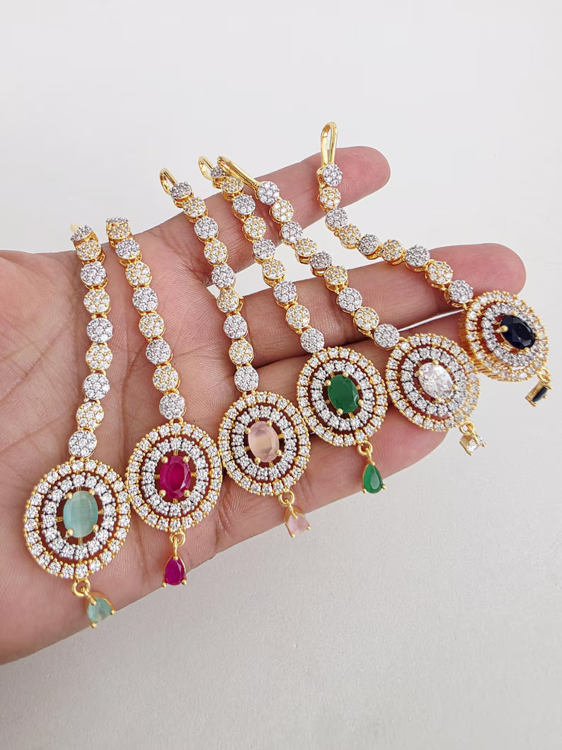 American Diamond 2-Tone Gold Maang tikka/Indian Wedding Jewelry/ Pakistani Jewelry/ Jhoomer/ Matha patti/ Indian forehead jewelry