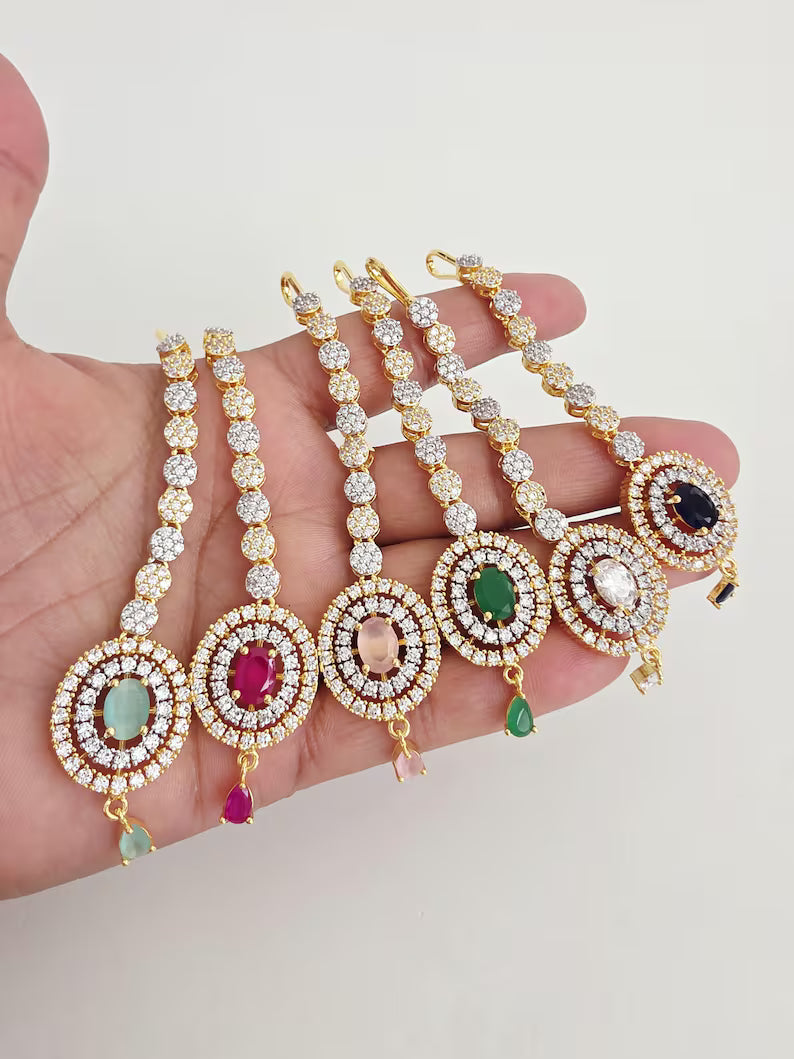 American Diamond 2-Tone Gold Maang tikka/Indian Wedding Jewelry/ Pakistani Jewelry/ Jhoomer/ Matha patti/ Indian forehead jewelry