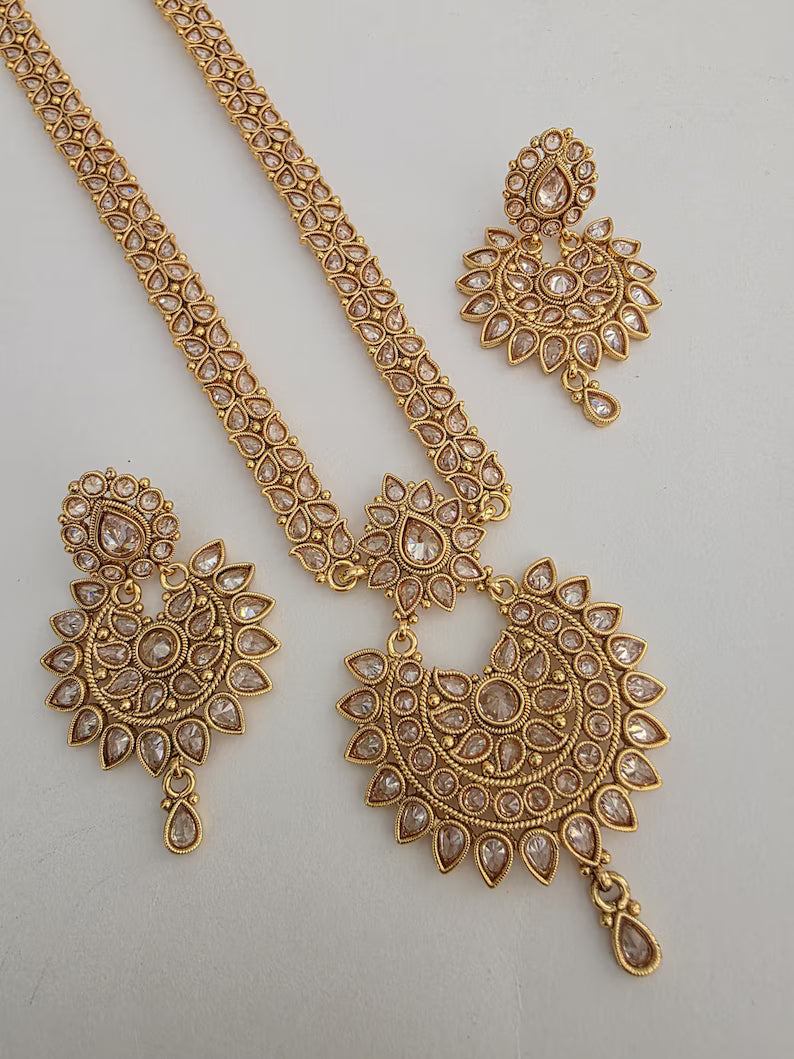 Antique Long gold-plated Polki mala Necklace/Haram Necklace/Pakistani Jewelry/Haram Necklace/Punjabi Jewelry/Indian Wedding/Rani Haar