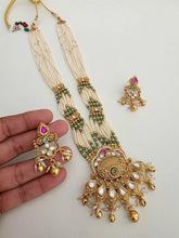 RubyGreen Antique Heritage Pendant Set With Matte Gold Plating Rajwadi Necklace Long Matt gold plated mala Necklace/Rani haar