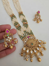 RubyGreen Antique Heritage Pendant Set With Matte Gold Plating Rajwadi Necklace Long Matt gold plated mala Necklace/Rani haar