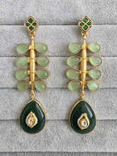 Mint Green Amrapali-inspired Long Gold Fusion Heritage Indian Earrings, Antique Earring With Gold Plating, Fusion earrings, Kundan Fusion