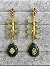 Mint Green Amrapali-inspired Long Gold Fusion Heritage Indian Earrings, Antique Earring With Gold Plating, Fusion earrings, Kundan Fusion