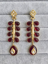 Ruby Red Amrapali-inspired Long Gold Fusion Heritage Indian Earrings, Antique Earring With Gold Plating, Fusion earrings, Kundan Fusion