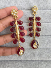Ruby Red Amrapali-inspired Long Gold Fusion Heritage Indian Earrings, Antique Earring With Gold Plating, Fusion earrings, Kundan Fusion