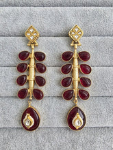 Ruby Red Amrapali-inspired Long Gold Fusion Heritage Indian Earrings, Antique Earring With Gold Plating, Fusion earrings, Kundan Fusion