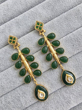 Green Amrapali-inspired Long Gold Fusion Heritage Indian Earrings, Antique Earring With Gold Plating, Fusion earrings, Kundan Fusion Earring