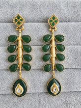 Green Amrapali-inspired Long Gold Fusion Heritage Indian Earrings, Antique Earring With Gold Plating, Fusion earrings, Kundan Fusion Earring