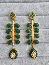Green Amrapali-inspired Long Gold Fusion Heritage Indian Earrings, Antique Earring With Gold Plating, Fusion earrings, Kundan Fusion Earring