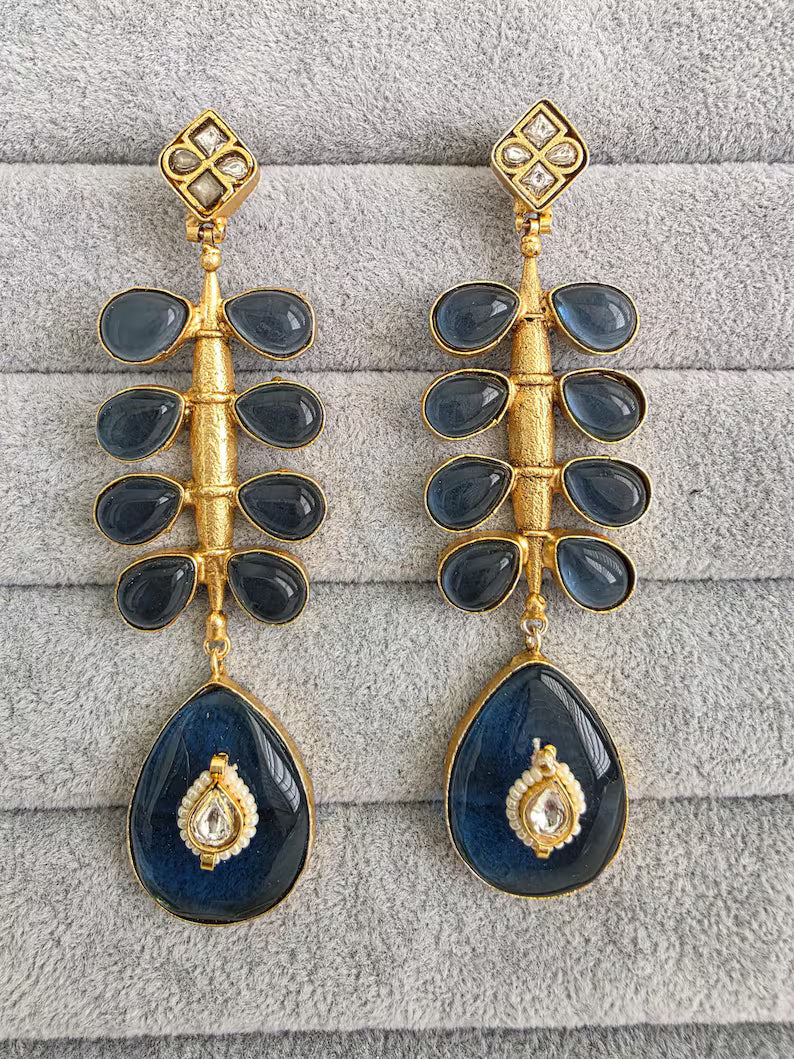 Blue Amrapali-inspired Long Gold Fusion Heritage Indian Earrings, Antique Earring With Gold Plating, Fusion earrings, Kundan Fusion Earring