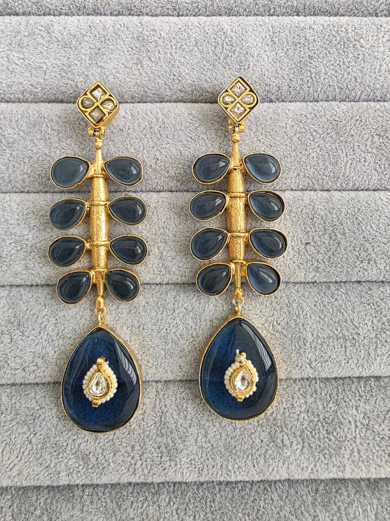 Blue Amrapali-inspired Long Gold Fusion Heritage Indian Earrings, Antique Earring With Gold Plating, Fusion earrings, Kundan Fusion Earring