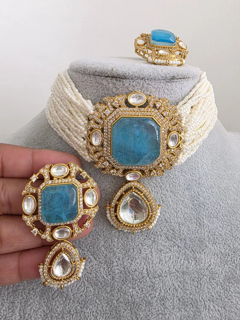 Aqua Blue Doublet Moissanite Pearl Kundan Necklace/Kundan Choker/Indian wedding/Bridal jewelry/Indian Wedding/Pakistani/Punjabi