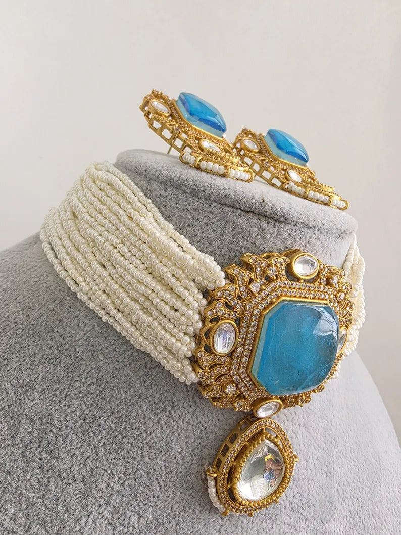 Aqua Blue Doublet Moissanite Pearl Kundan Necklace/Kundan Choker/Indian wedding/Bridal jewelry/Indian Wedding/Pakistani/Punjabi