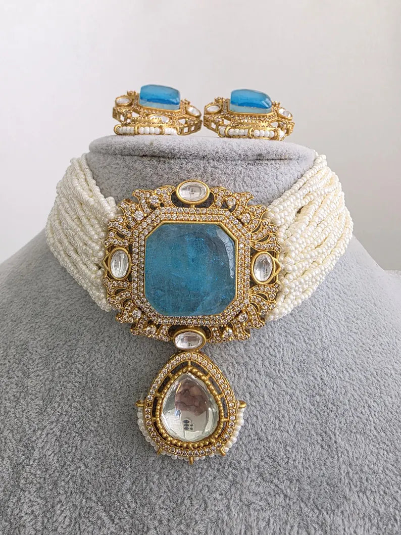 Aqua Blue Doublet Moissanite Pearl Kundan Necklace/Kundan Choker/Indian wedding/Bridal jewelry/Indian Wedding/Pakistani/Punjabi