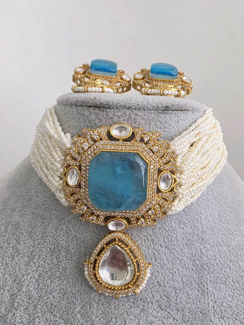 Aqua Blue Doublet Moissanite Pearl Kundan Necklace/Kundan Choker/Indian wedding/Bridal jewelry/Indian Wedding/Pakistani/Punjabi