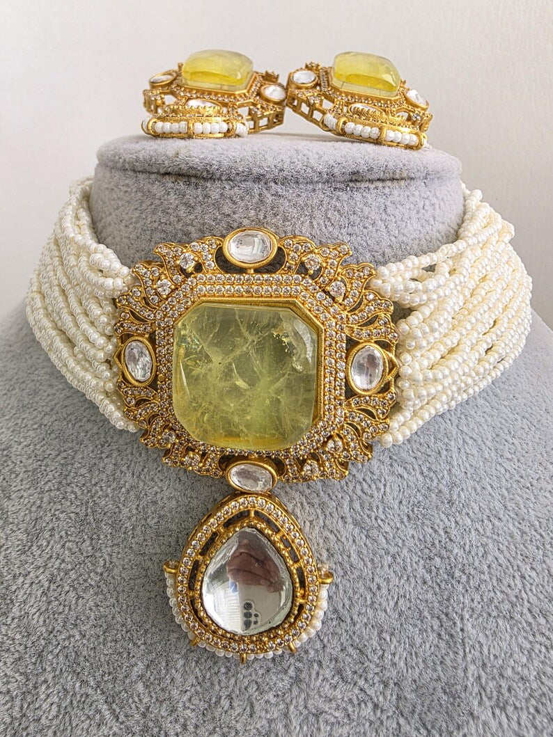 Yellow Doublet Moissanite Pearl Kundan Necklace/Kundan Choker/Indian wedding/Bridal jewelry/Indian Wedding/Pakistani/Punjabi