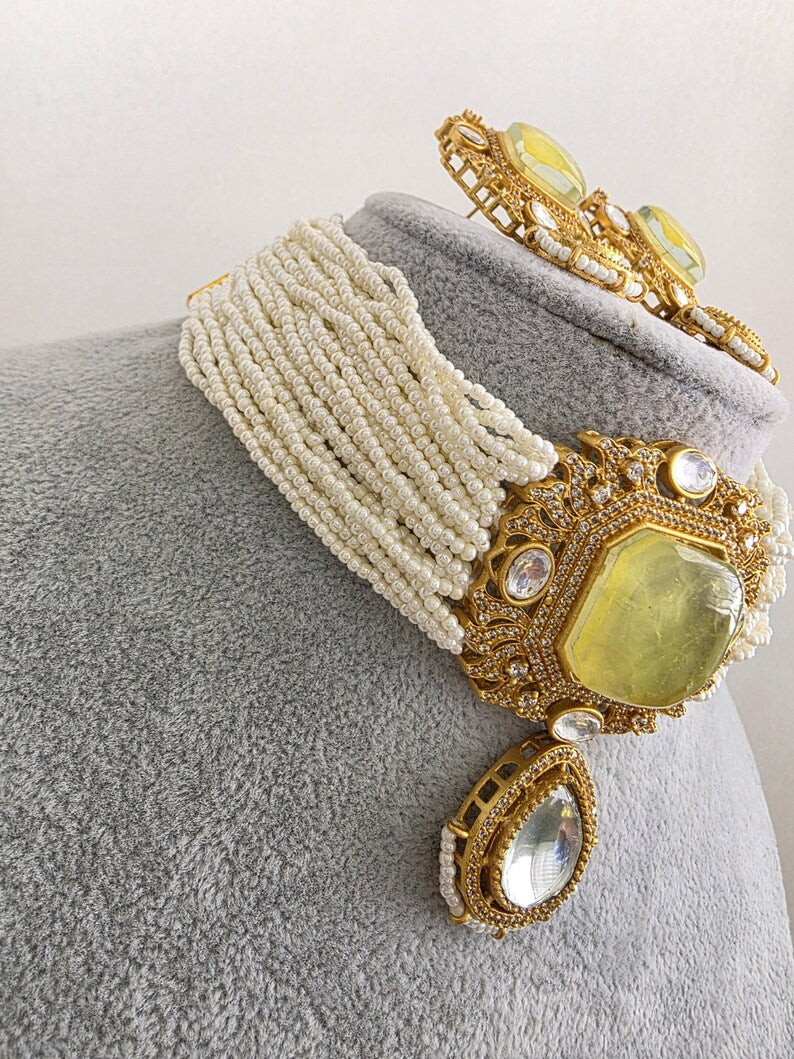 Yellow Doublet Moissanite Pearl Kundan Necklace/Kundan Choker/Indian wedding/Bridal jewelry/Indian Wedding/Pakistani/Punjabi