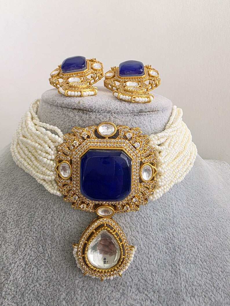 Blue Doublet Moissanite Pearl Kundan Necklace/Kundan Choker/Indian wedding/Bridal jewelry/Indian Wedding/Pakistani/Punjabi