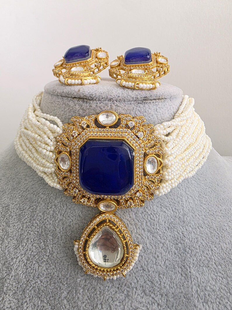Blue Doublet Moissanite Pearl Kundan Necklace/Kundan Choker/Indian wedding/Bridal jewelry/Indian Wedding/Pakistani/Punjabi