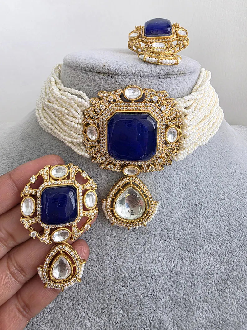 Blue Doublet Moissanite Pearl Kundan Necklace/Kundan Choker/Indian wedding/Bridal jewelry/Indian Wedding/Pakistani/Punjabi