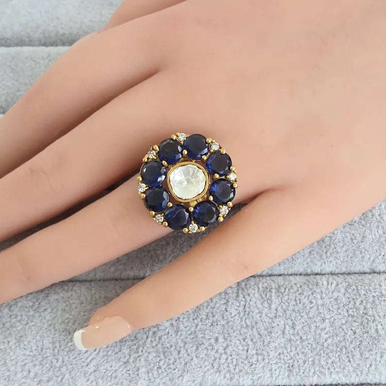 Blue Fine Victorian Moissanite Polki Ring/Adjustable Ring/Indian Ring/Pakistani/Punjabi/Indian Jewelry/Statement ring, Cocktail Ring