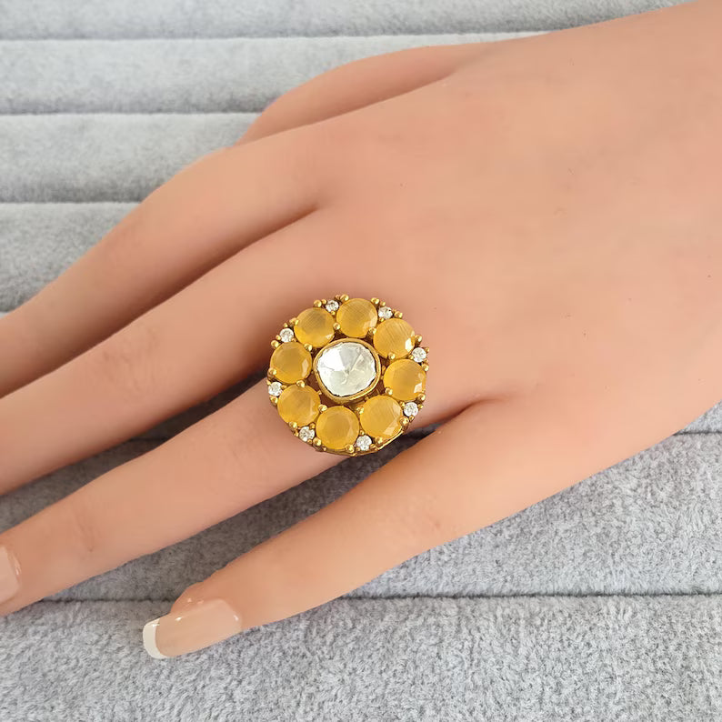 Yellow Fine Victorian Moissanite Polki Ring/Adjustable Ring/Indian Ring/Pakistani/Punjabi/Indian Jewelry/Statement ring, Cocktail Ring