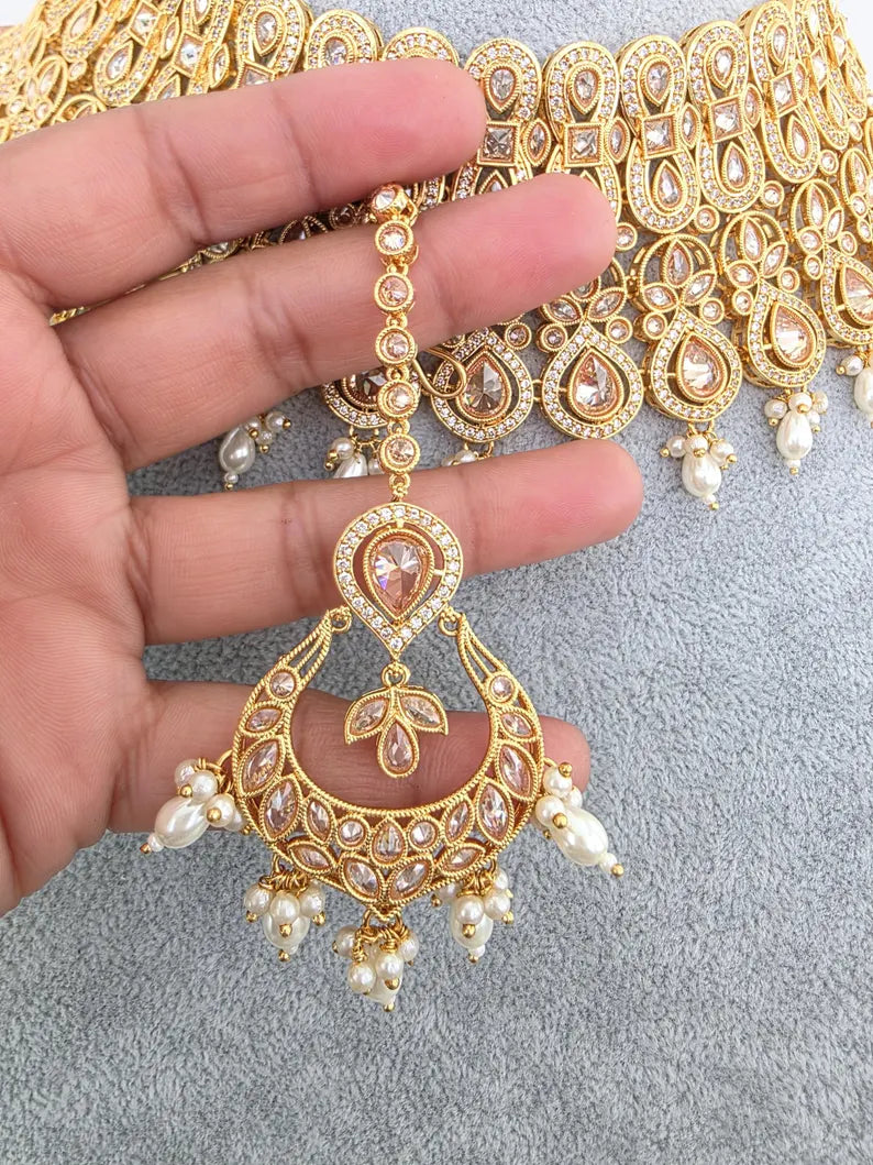 White Bridal gold Polki necklace set, Bridal Jewelry, Indian Pakistani wedding Jewelry, Polki bridal necklace, Indian Necklace