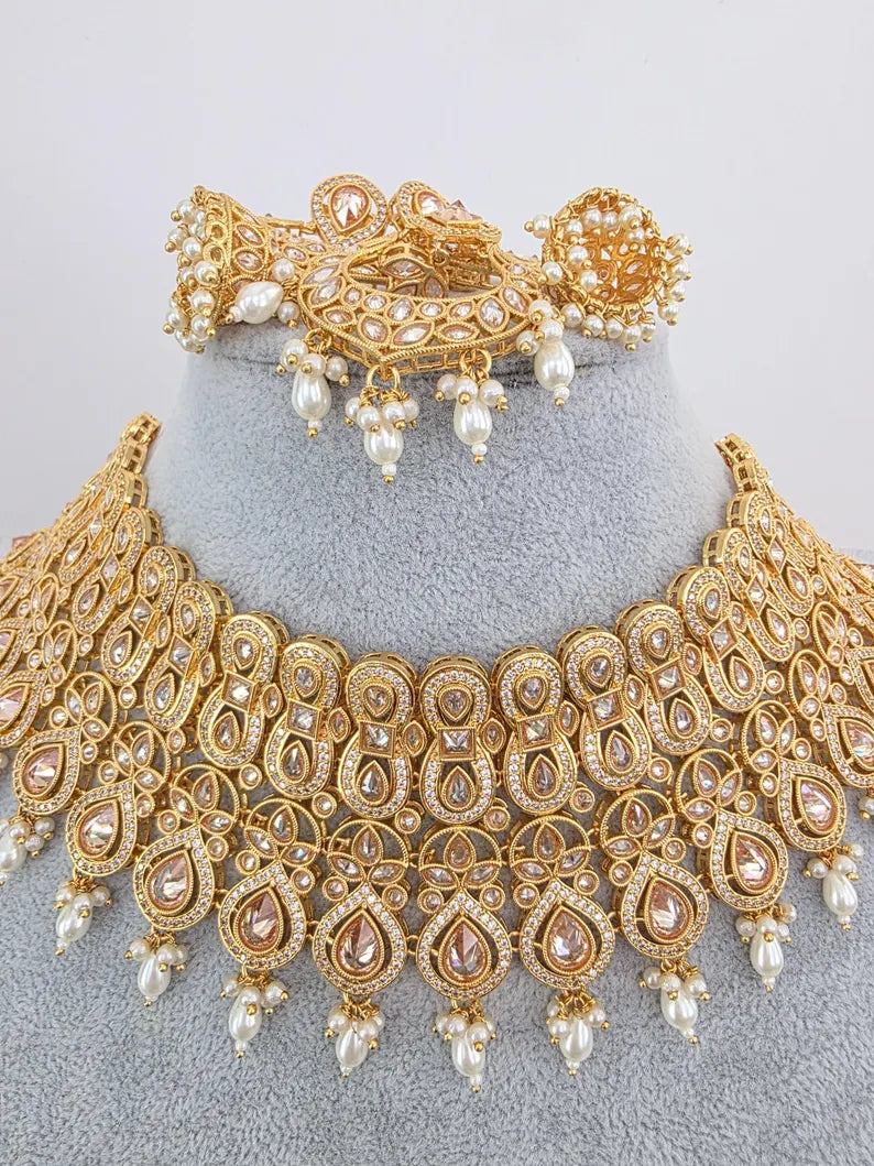 White Bridal gold Polki necklace set, Bridal Jewelry, Indian Pakistani wedding Jewelry, Polki bridal necklace, Indian Necklace