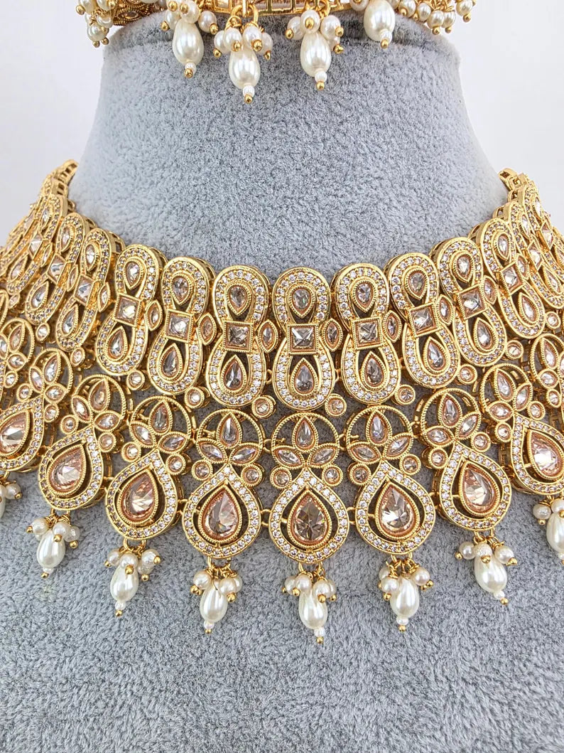 White Bridal gold Polki necklace set, Bridal Jewelry, Indian Pakistani wedding Jewelry, Polki bridal necklace, Indian Necklace