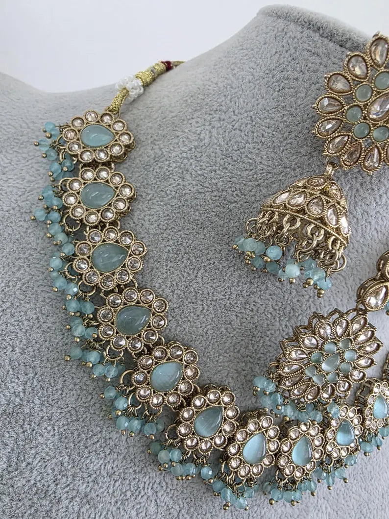 Aqua Blue Antique Polki Kundan necklace set/Reverse Ad Necklace/Statement necklace/Indian/Punjabi Necklace/Pakistani Jewelry/Bridal necklace