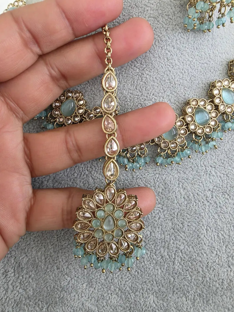 Aqua Blue Antique Polki Kundan necklace set/Reverse Ad Necklace/Statement necklace/Indian/Punjabi Necklace/Pakistani Jewelry/Bridal necklace