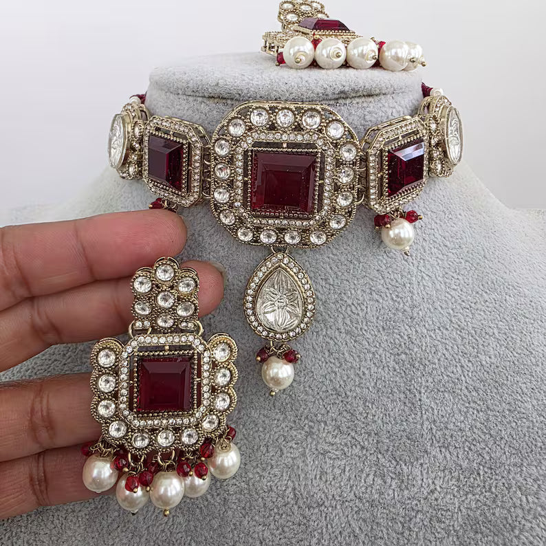 Maroon Red Pearl Kundan choker Necklace/Bollywood Jewelry/Indian bridal Kundan necklace/indian Pakistani Punjabi wedding jewelry