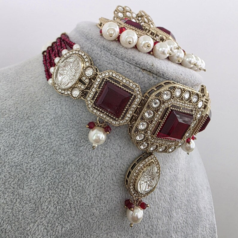 Maroon Red Pearl Kundan choker Necklace/Bollywood Jewelry/Indian bridal Kundan necklace/indian Pakistani Punjabi wedding jewelry
