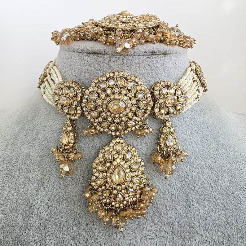 Champagne Antique Shadow Stone Pearl Necklace with earrings and tikka Bridal necklace Indian Pakistani Punjabi Wedding Jewelry