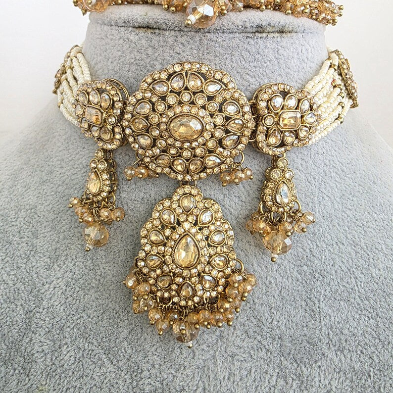 Champagne Antique Shadow Stone Pearl Necklace with earrings and tikka Bridal necklace Indian Pakistani Punjabi Wedding Jewelry