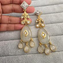 Off white Amrapali-inspired Long Gold Fusion Heritage Indian Earrings, Earring With Gold Plating, Fusion earrings, Kundan Fusion Earring