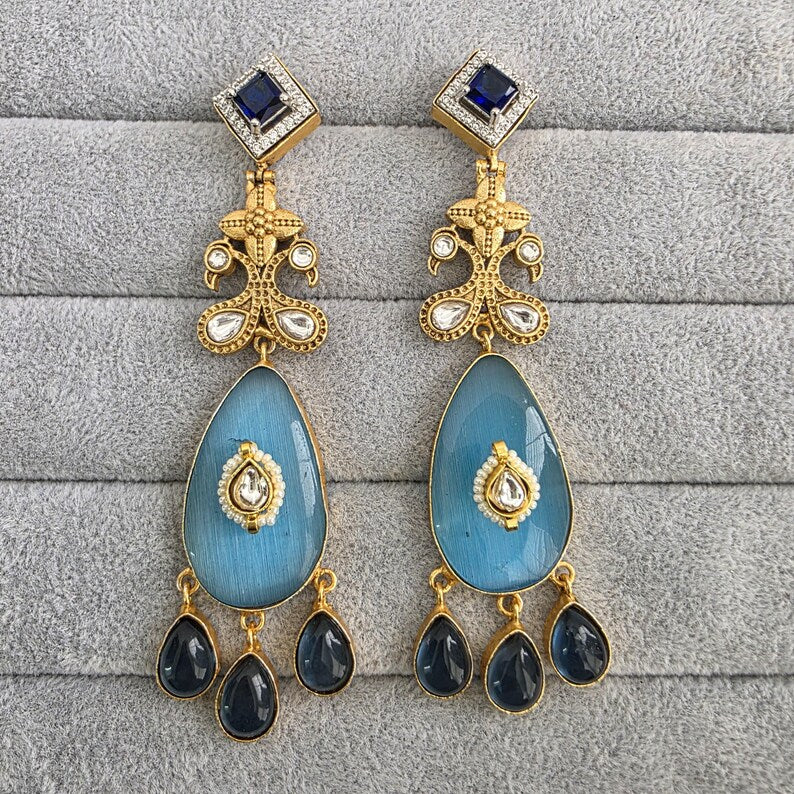 Blue Amrapali-inspired Long Gold Fusion Heritage Indian Earrings, Earring With Gold Plating, Fusion earrings, Kundan Fusion Earring