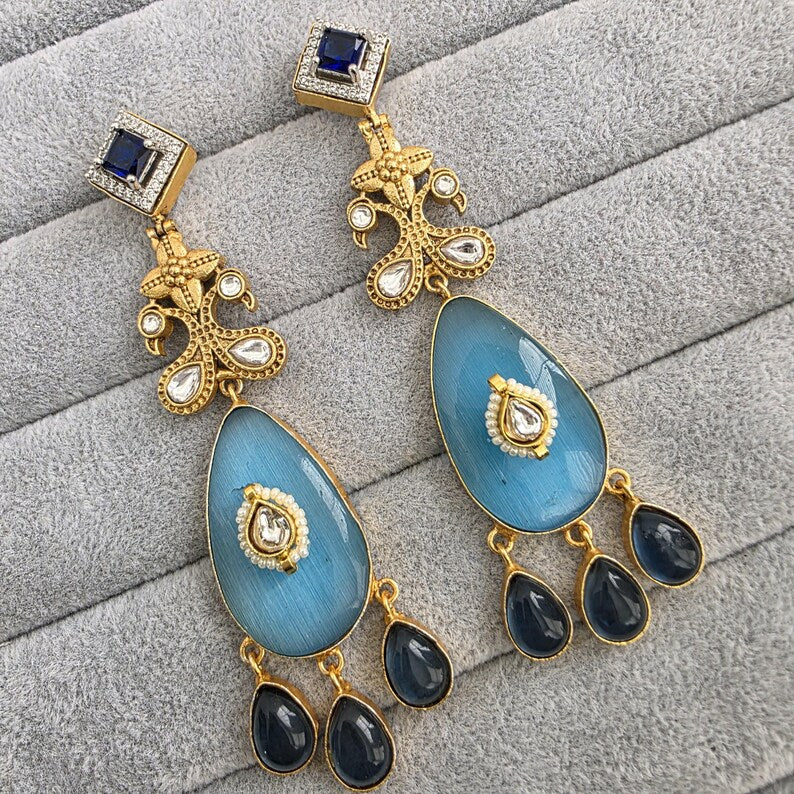 Blue Amrapali-inspired Long Gold Fusion Heritage Indian Earrings, Earring With Gold Plating, Fusion earrings, Kundan Fusion Earring