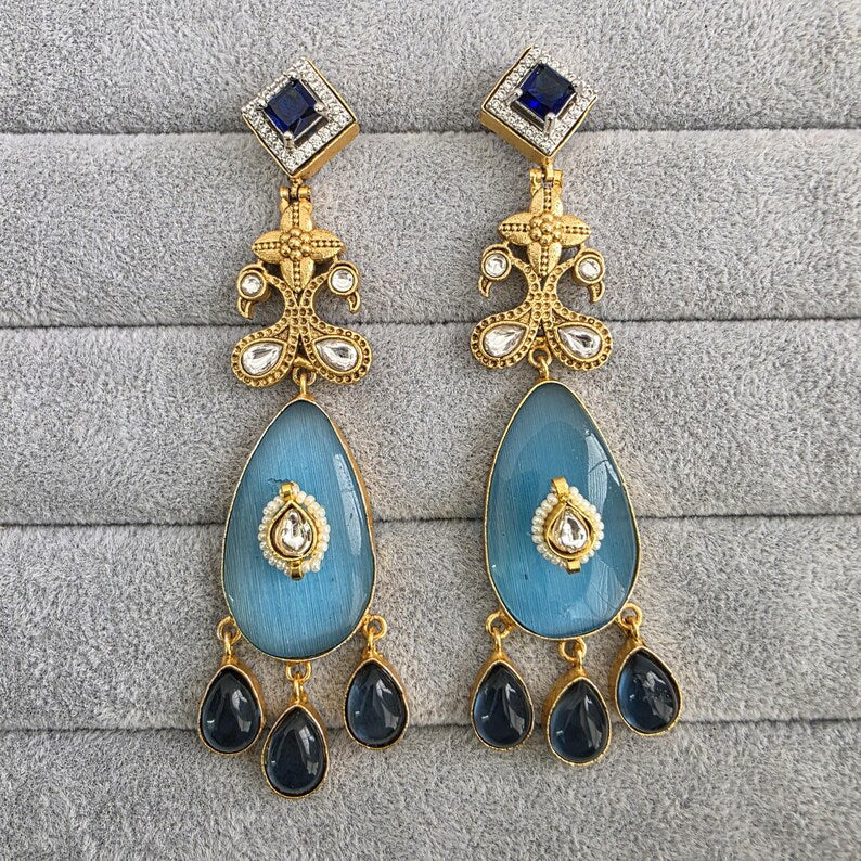 Blue Amrapali-inspired Long Gold Fusion Heritage Indian Earrings, Earring With Gold Plating, Fusion earrings, Kundan Fusion Earring