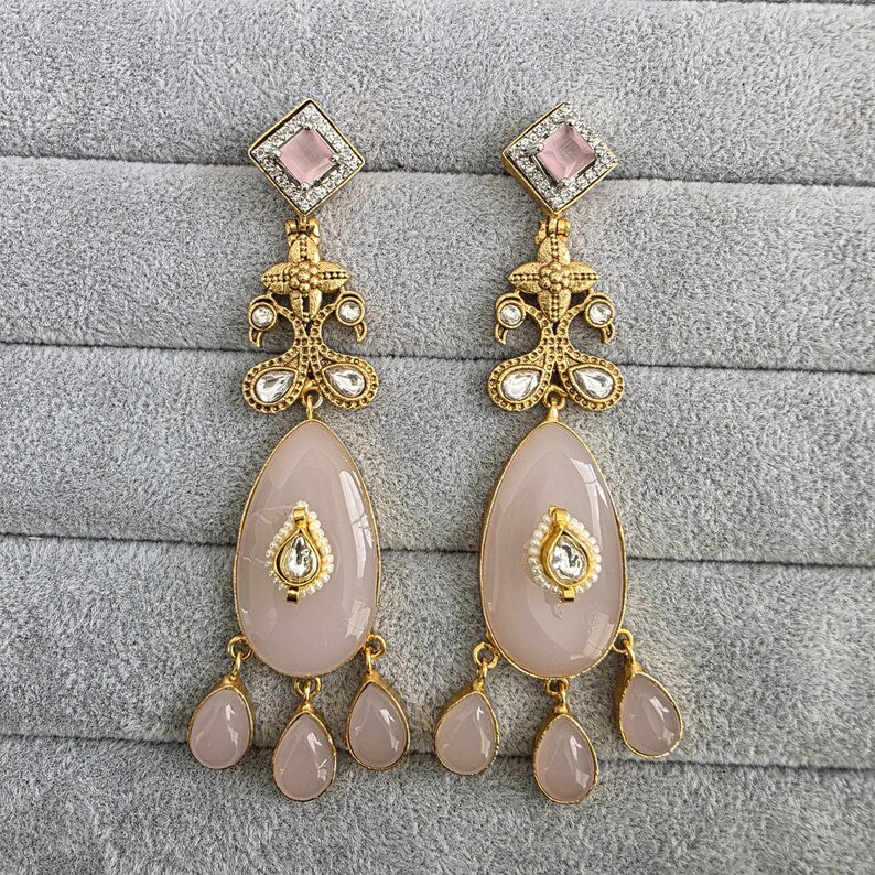 Baby Pink Amrapali-inspired Long Gold Fusion Heritage Indian Earrings, Earring With Gold Plating, Fusion earrings, Kundan Fusion Earring