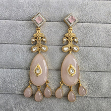 Baby Pink Amrapali-inspired Long Gold Fusion Heritage Indian Earrings, Earring With Gold Plating, Fusion earrings, Kundan Fusion Earring