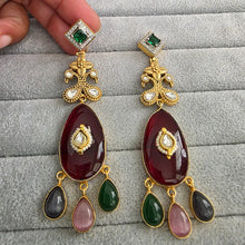 Multi Amrapali-inspired Long Gold Fusion Heritage Indian Earrings, Earring With Gold Plating, Fusion earrings, Kundan Fusion Earring