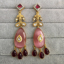 Ruby Pink Amrapali-inspired Long Gold Fusion Heritage Indian Earrings, Earring With Gold Plating, Fusion earrings, Kundan Fusion Earring